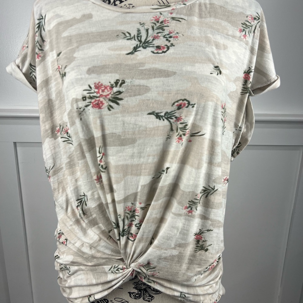 Lucky Brand Cream Camo and Floral Relaxed Tie Front T-Shirt